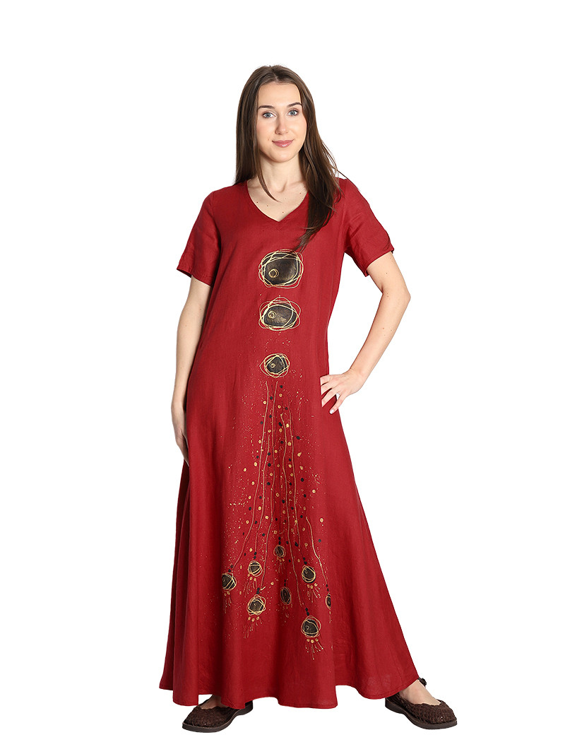Hand-painted burgundy linen maxi dress with short sleeves and pockets