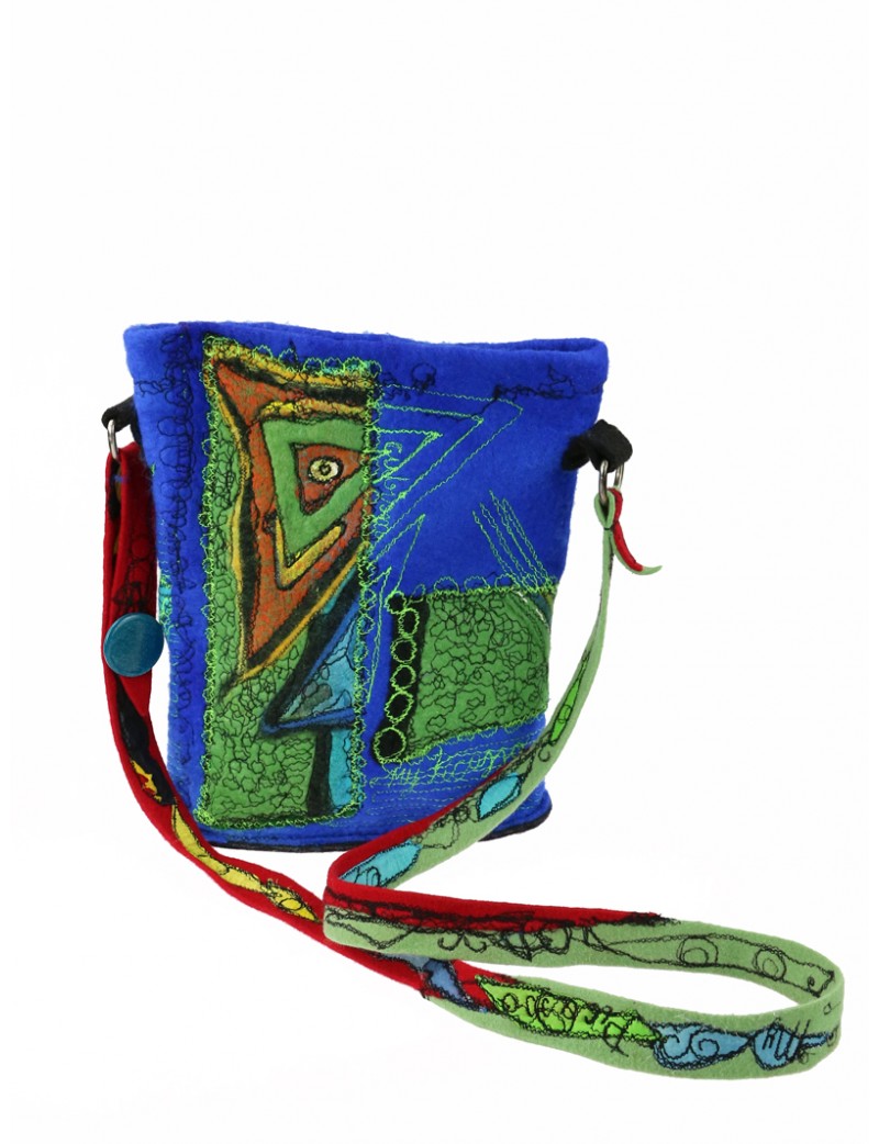 Embroidered and painted handbag in wet-felted wool