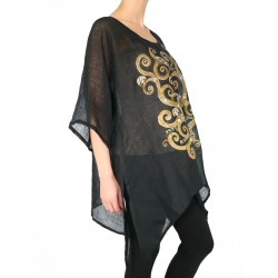 Black linen blouse with elongated sides, decorated with a hand-painted tree