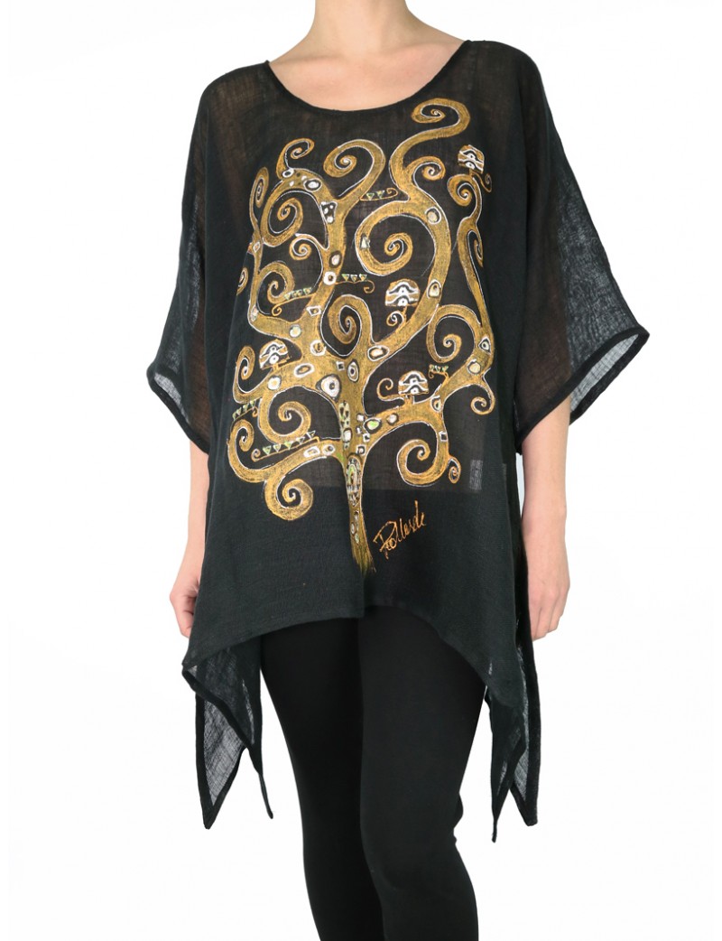 Black linen blouse with elongated sides, decorated with a hand-painted tree