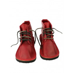 Hand-sewn taller leather shoes in dark red color, laced with a thong.
