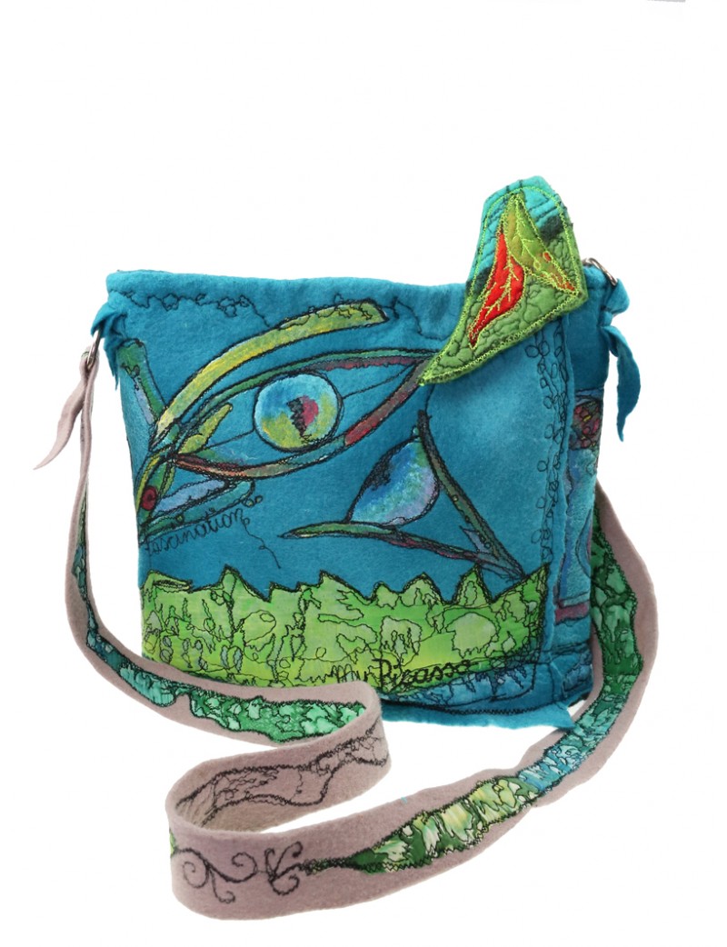 Embroidered and painted handbag in wet-felted wool