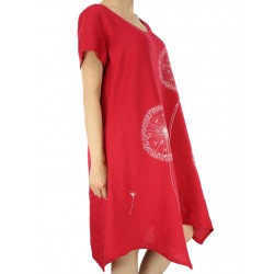 Czerwona lniana sukienka, ręcznie malowana