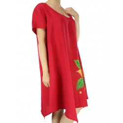 Red linen dress, hand-painted