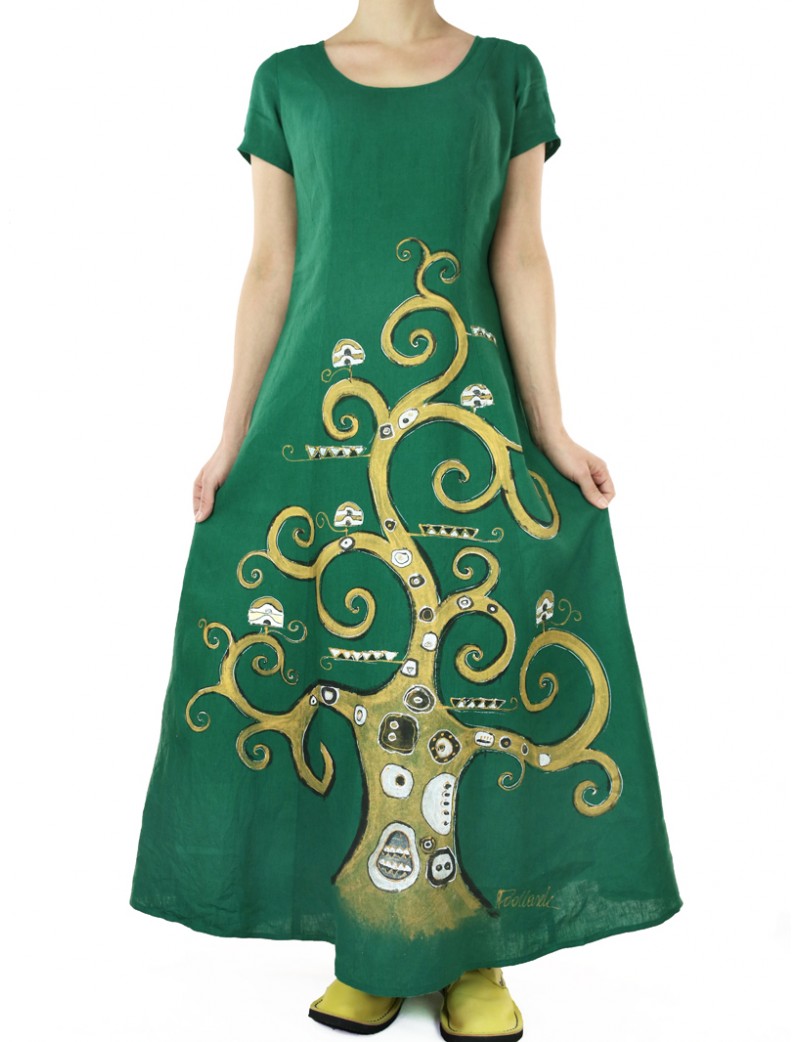 Zielona długa sukienka lniana ręcznie malowana