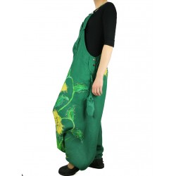 Zielone lniane spodnie ogrodniczki typu "Alladynki"
