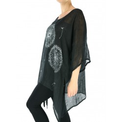 Black linen blouse with elongated sides, decorated with hand-painted dandelions
