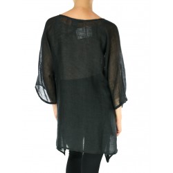 Black linen blouse with elongated sides, decorated with hand-painted flowers in the meadow