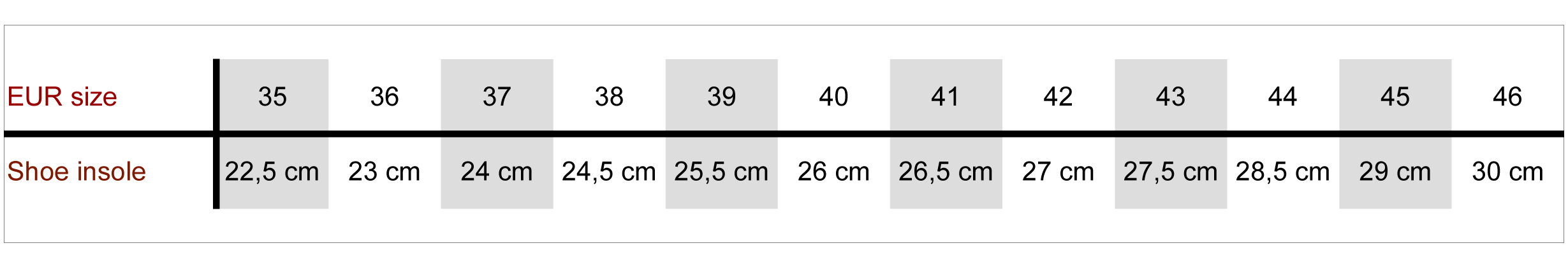 Vagabond Shoe Size Chart